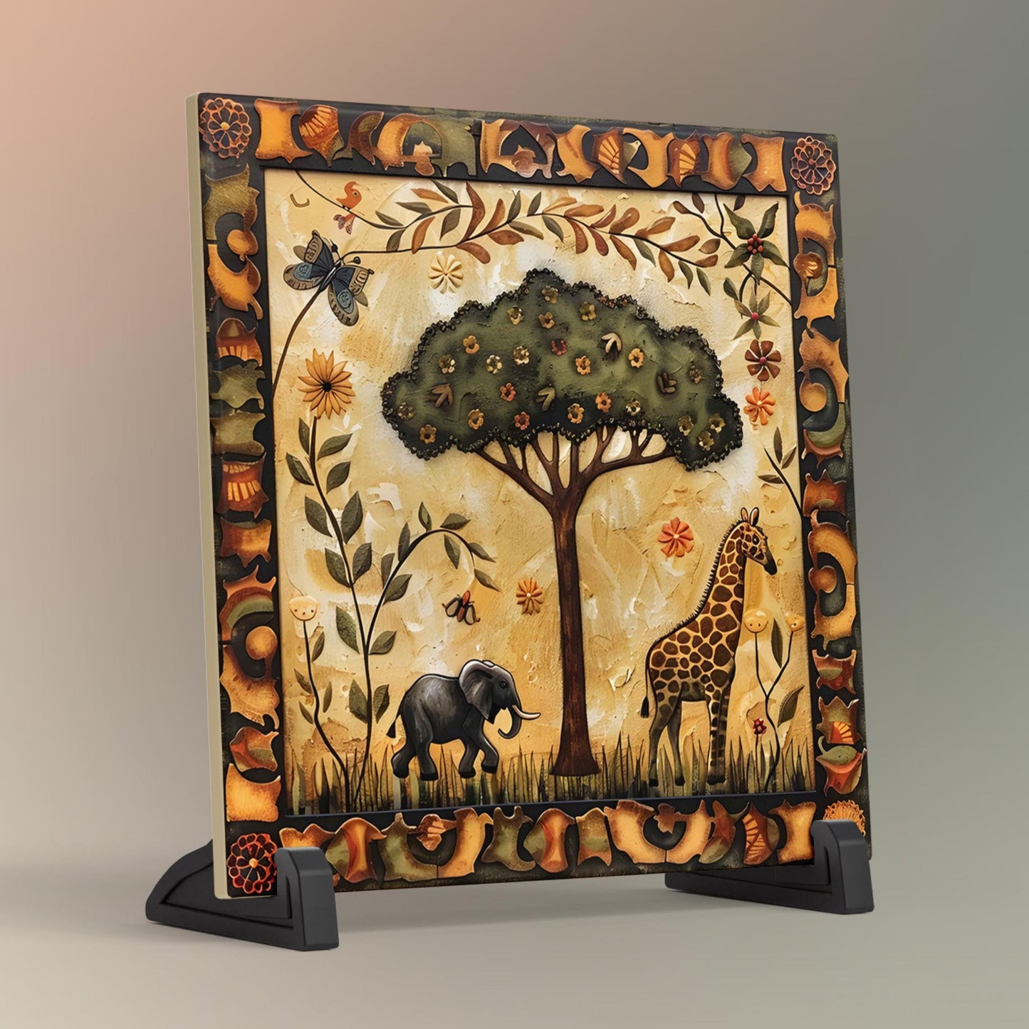 African Folk Art Ceramic Tile, Detailed Wildlife Safari Artwork for Home Decor, Charming African Aesthetic Spring Gift