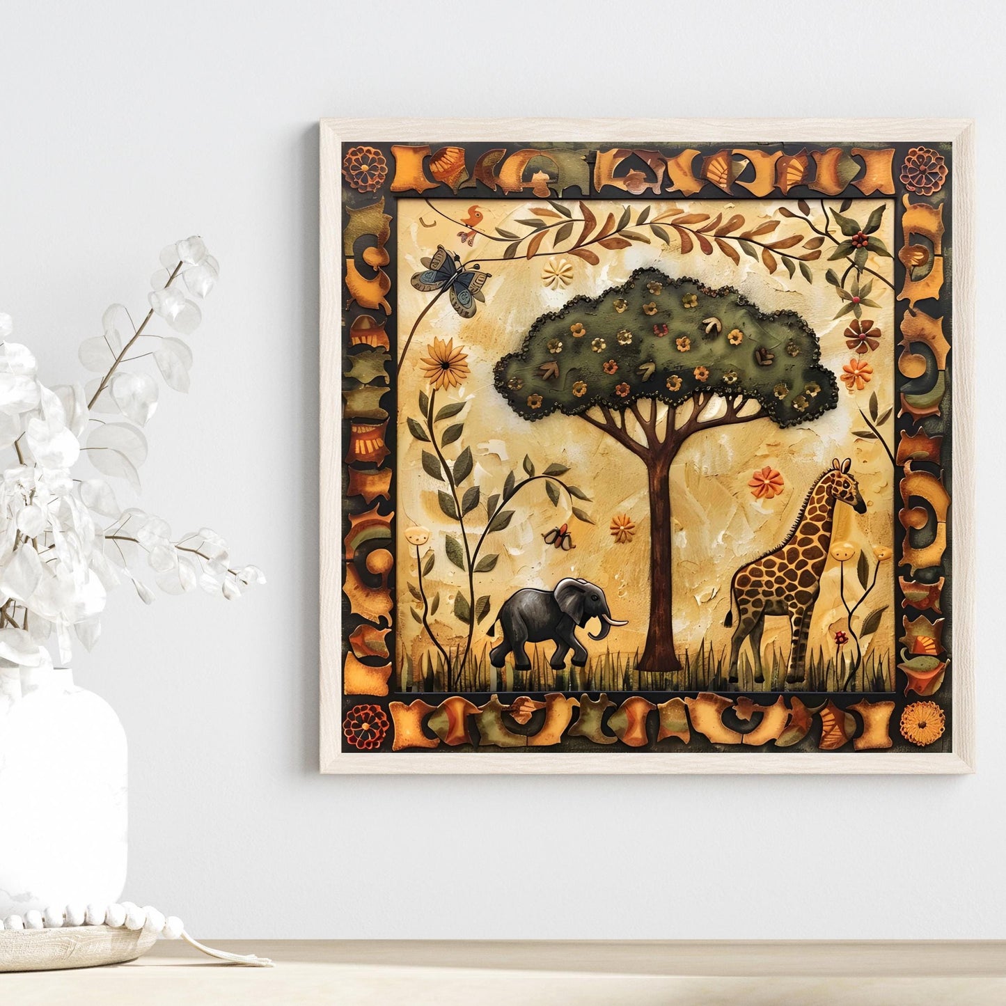 African Folk Art Ceramic Tile, Detailed Wildlife Safari Artwork for Home Decor, Charming African Aesthetic Spring Gift
