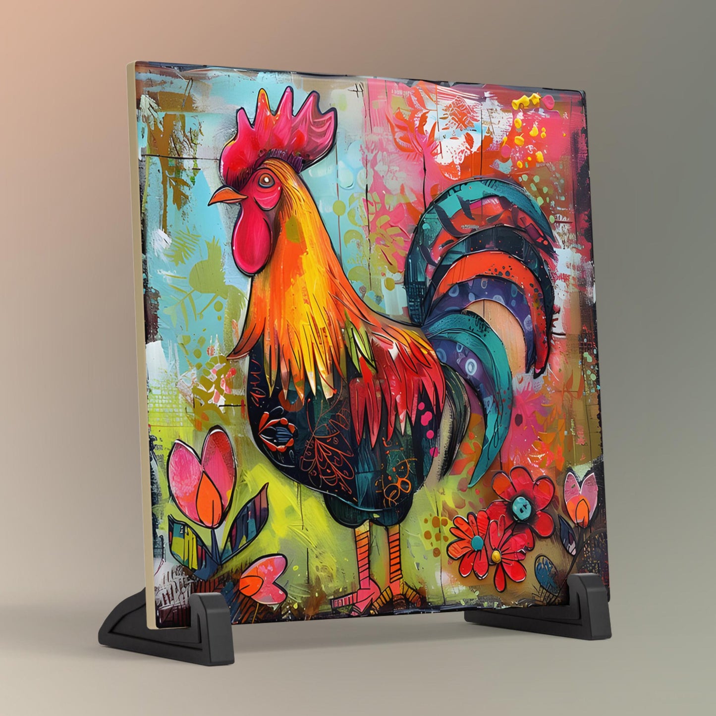 Rooster Folk Art Ceramic Tile | Whimsical Kitchen Decor | Farmhouse Style | Country Chic Rooster Art