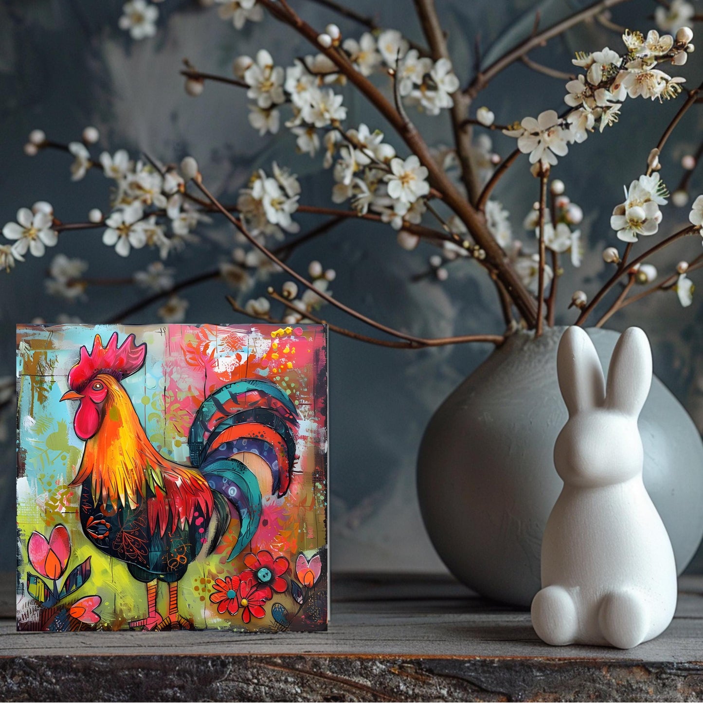 Rooster Folk Art Ceramic Tile | Whimsical Kitchen Decor | Farmhouse Style | Country Chic Rooster Art