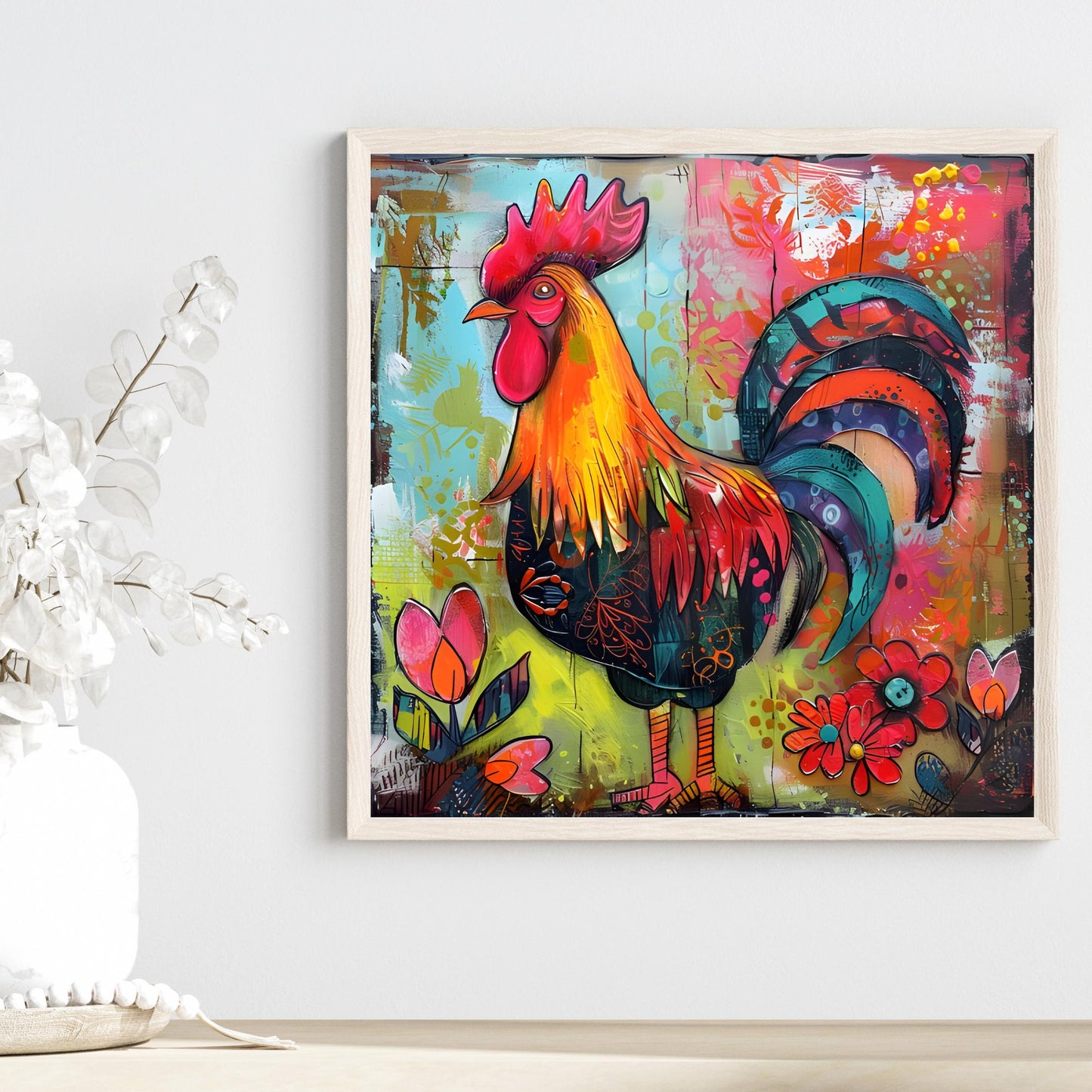 Rooster Folk Art Ceramic Tile | Whimsical Kitchen Decor | Farmhouse Style | Country Chic Rooster Art