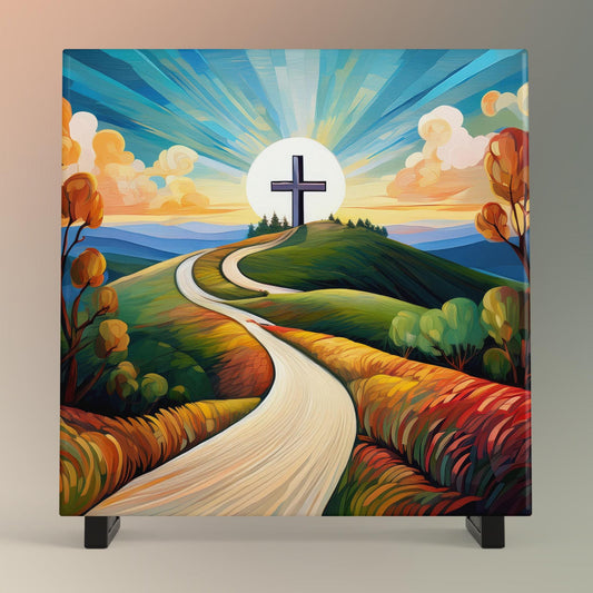 Religious Cross Art Ceramic Tile, Christian Art, The Road to Christ, Ceramic Wall Decor for Unique Home Accent, Nature Inspired Gift