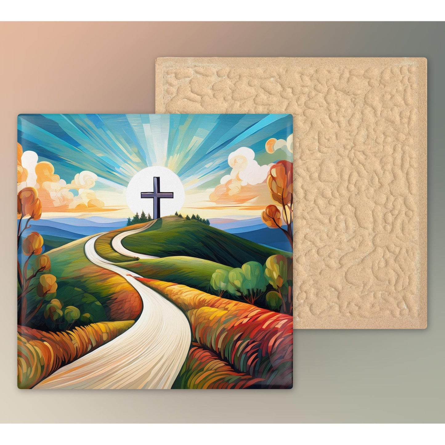 Religious Cross Art Ceramic Tile, Christian Art, The Road to Christ, Ceramic Wall Decor for Unique Home Accent, Nature Inspired Gift