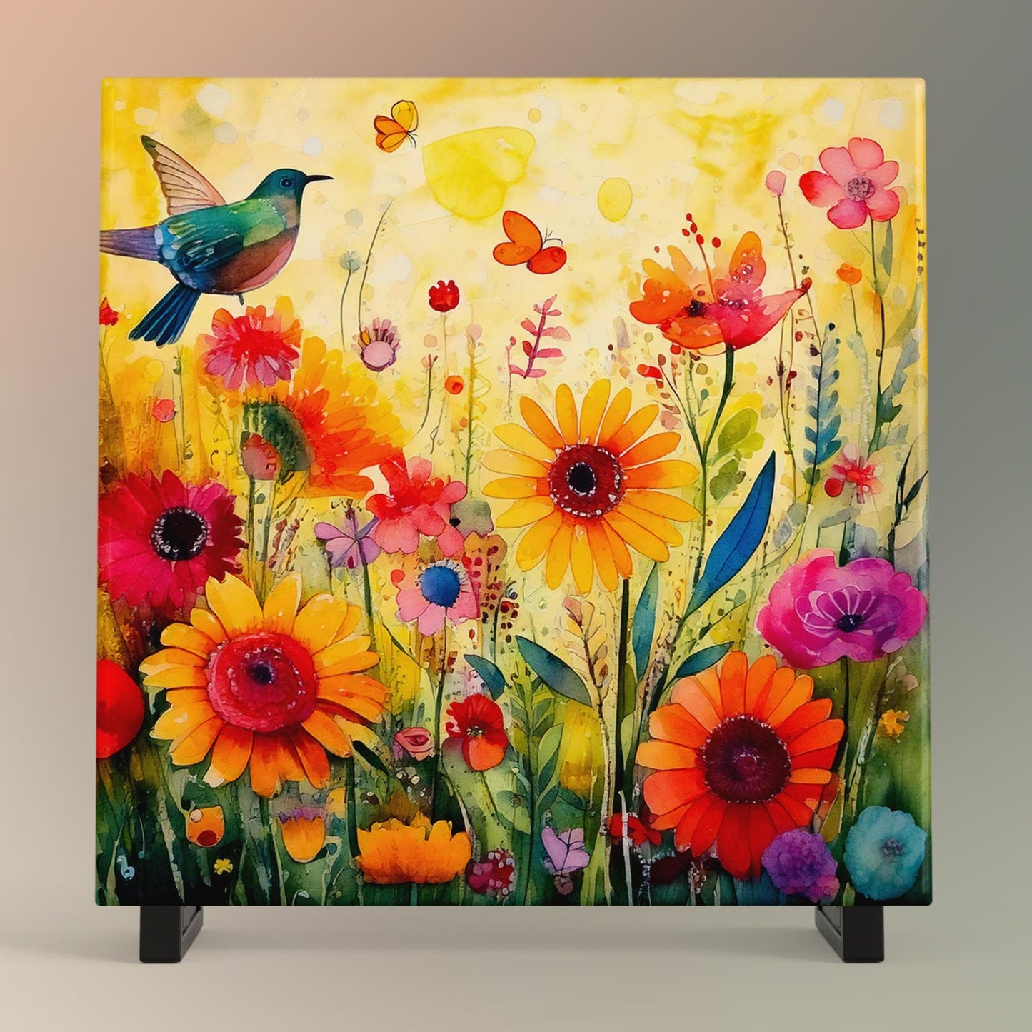 Hummingbird and Wildflowers Ceramic Art Tile | Wall Decor | Spring Home Decor | Floral Art | Whimsical Flowers | Wall Tile | Gift for Mom