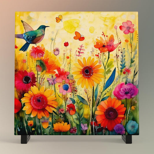 Hummingbird and Wildflowers Ceramic Art Tile | Wall Decor | Spring Home Decor | Floral Art | Whimsical Flowers | Wall Tile | Gift for Mom