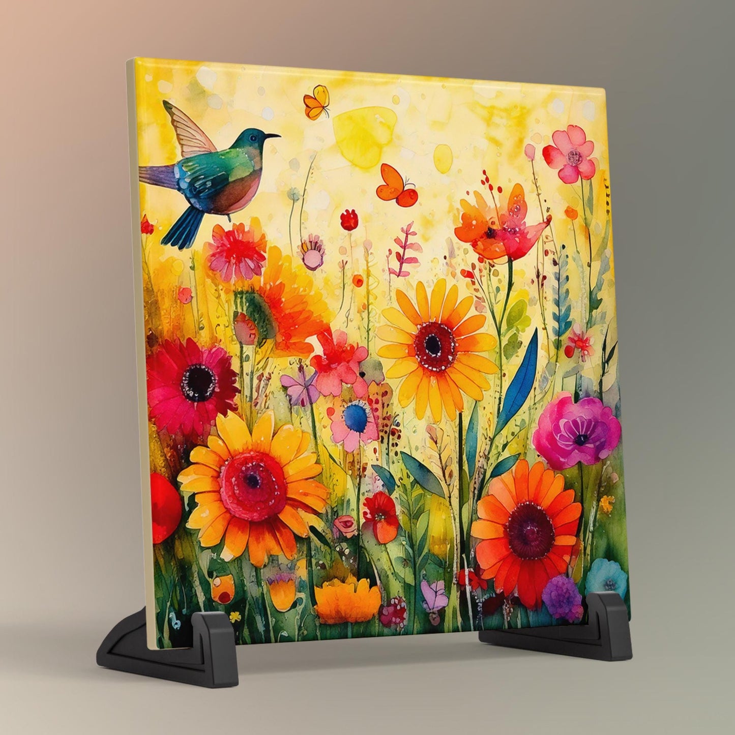 Hummingbird and Wildflowers Ceramic Art Tile | Wall Decor | Spring Home Decor | Floral Art | Whimsical Flowers | Wall Tile | Gift for Mom