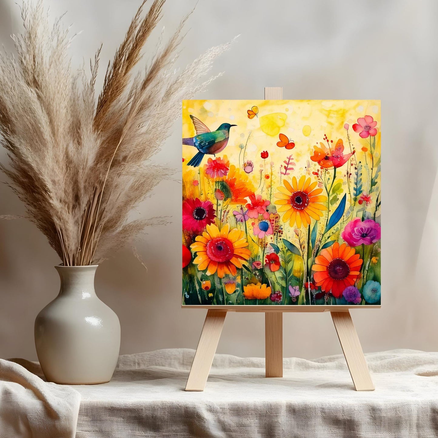 Hummingbird and Wildflowers Ceramic Art Tile | Wall Decor | Spring Home Decor | Floral Art | Whimsical Flowers | Wall Tile | Gift for Mom
