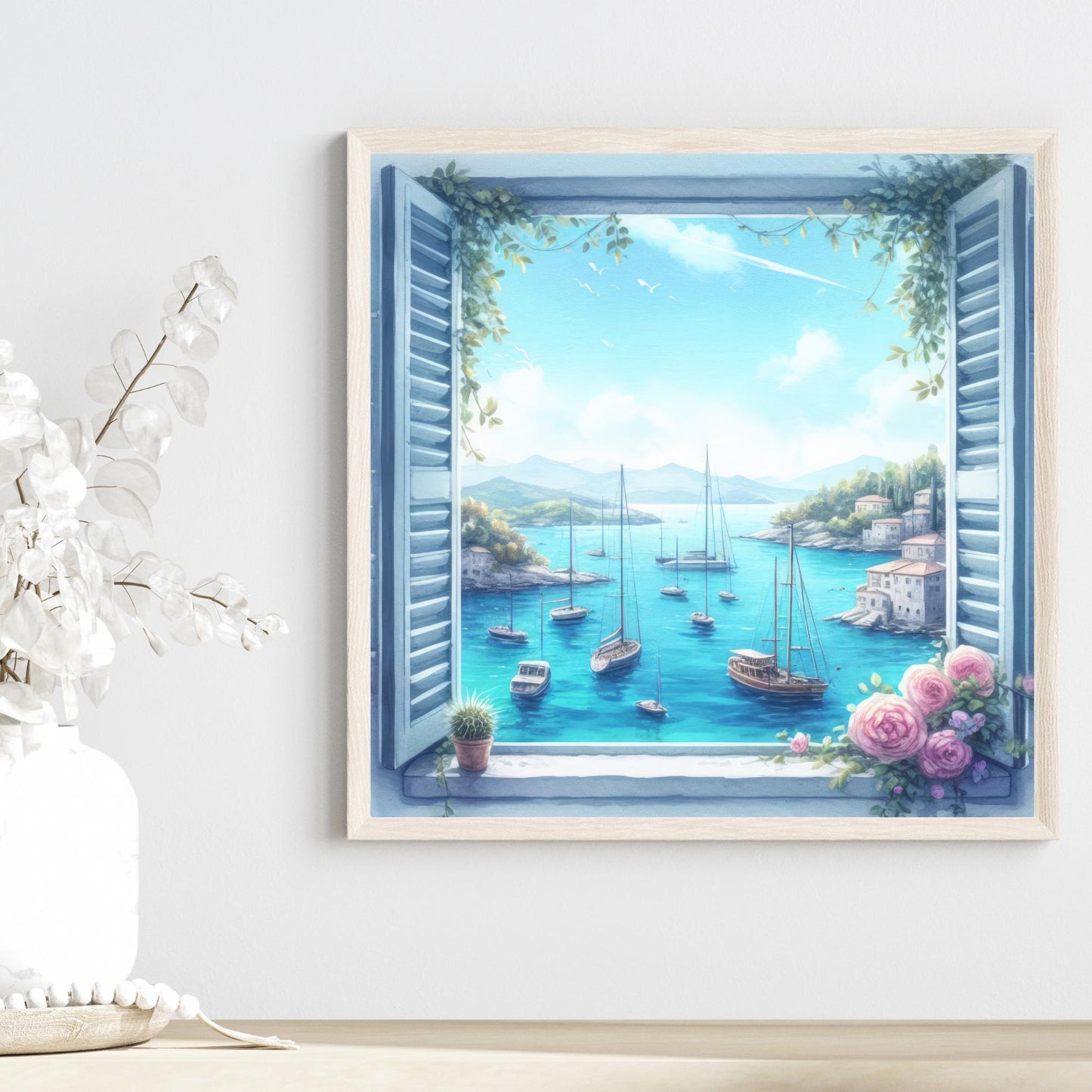 Beach View Window Ceramic Tile | Coastal Art with Sailboats | Nautical Decor | Ocean Art