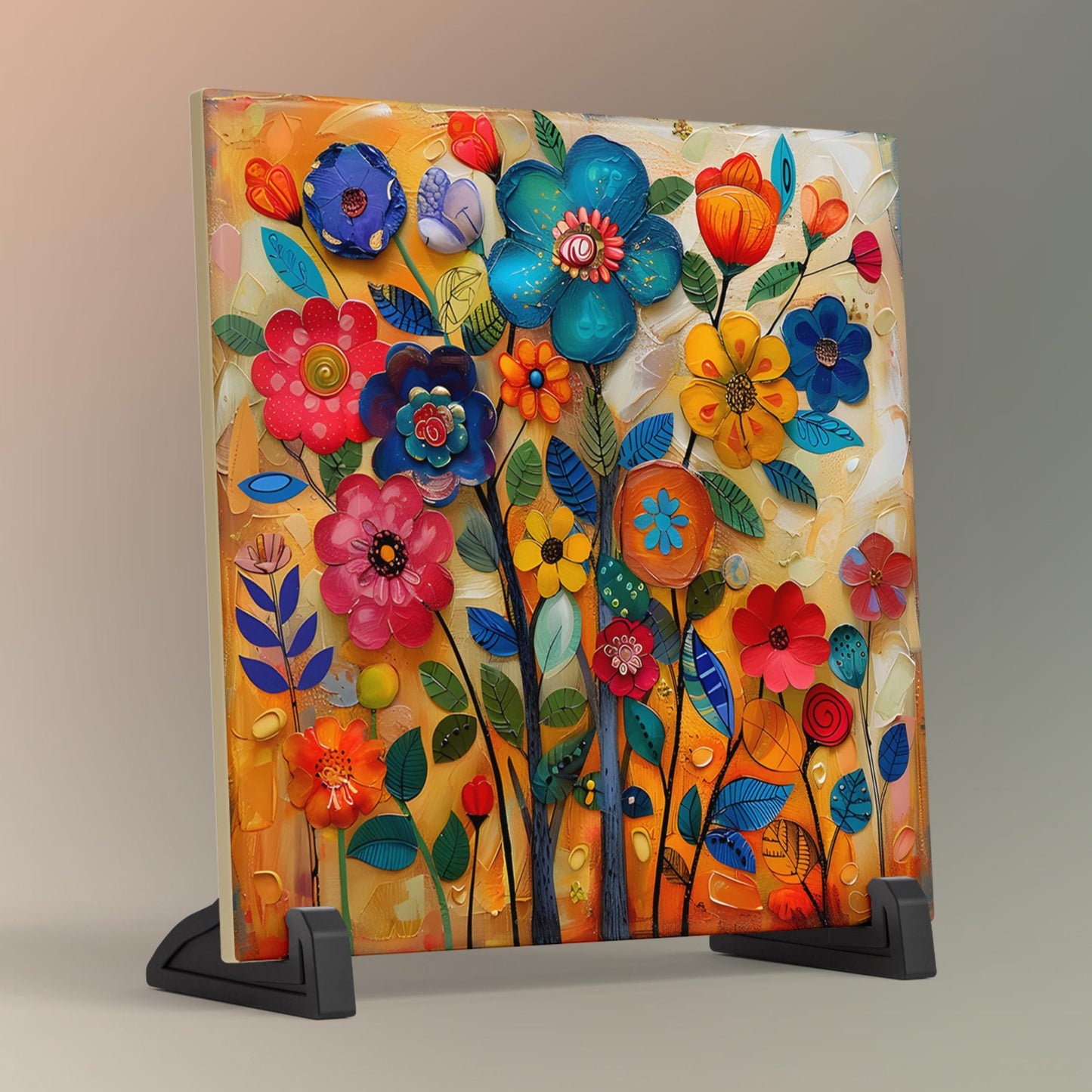 Whimsical Wildflower  Ceramic Art Tile | Folk Art Wall Decor | Spring Home Decor | Floral Art | Flowers | Wall Tile | Gift for Mom