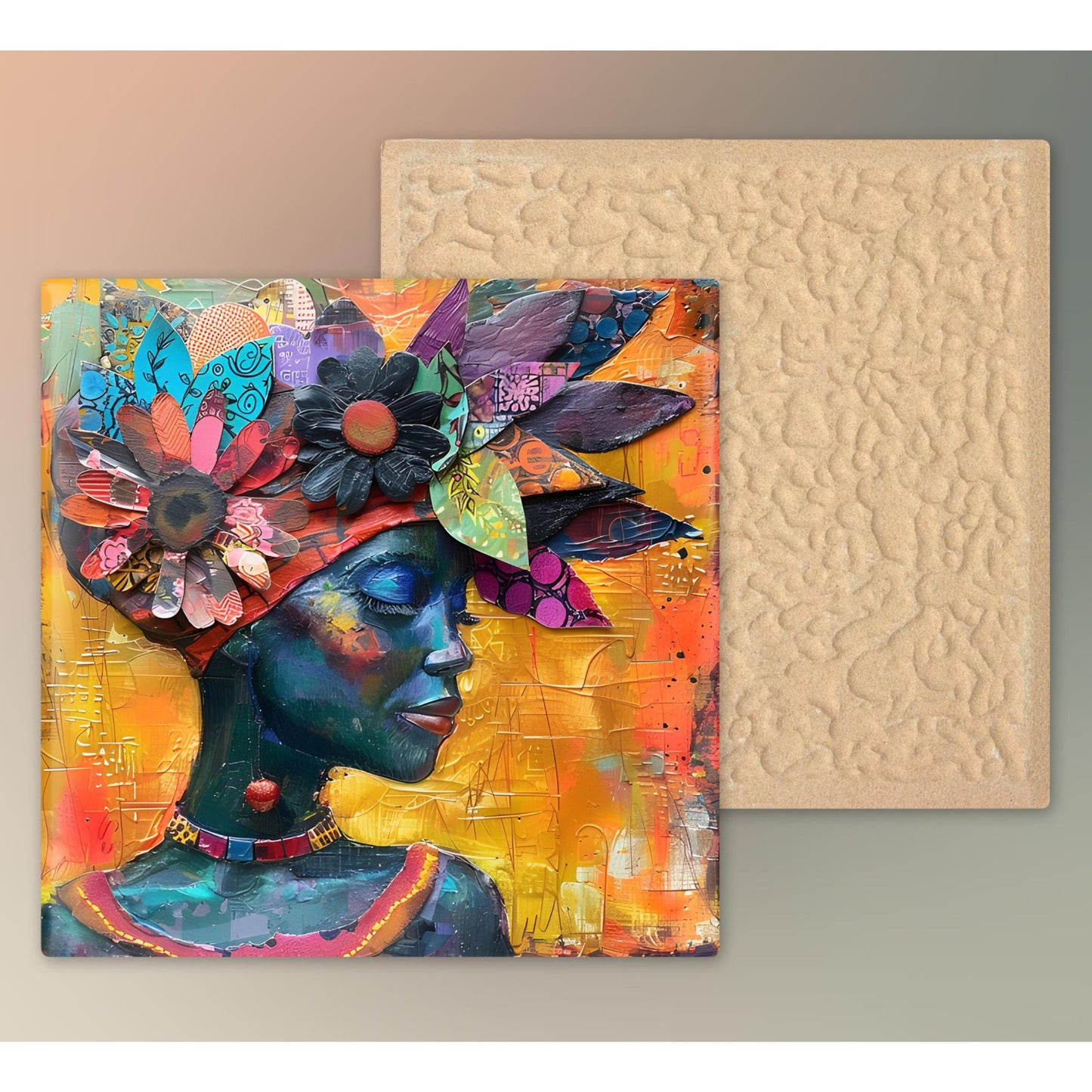 Black Woman Art Ceramic Tile, African Folk Art - Stunning Minimalist Black Artwork  - Decorative Wall Hanging - Black Girl Trendy Art
