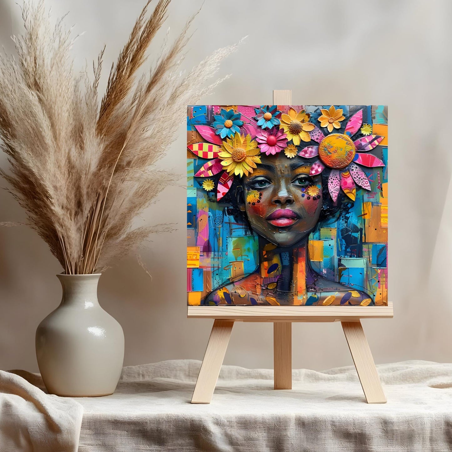 Boho Flowers Black Woman Art - Ceramic Art Tile - Black Wall Art - Abstract Floral Print - African American Woman - Unique Gift for Her