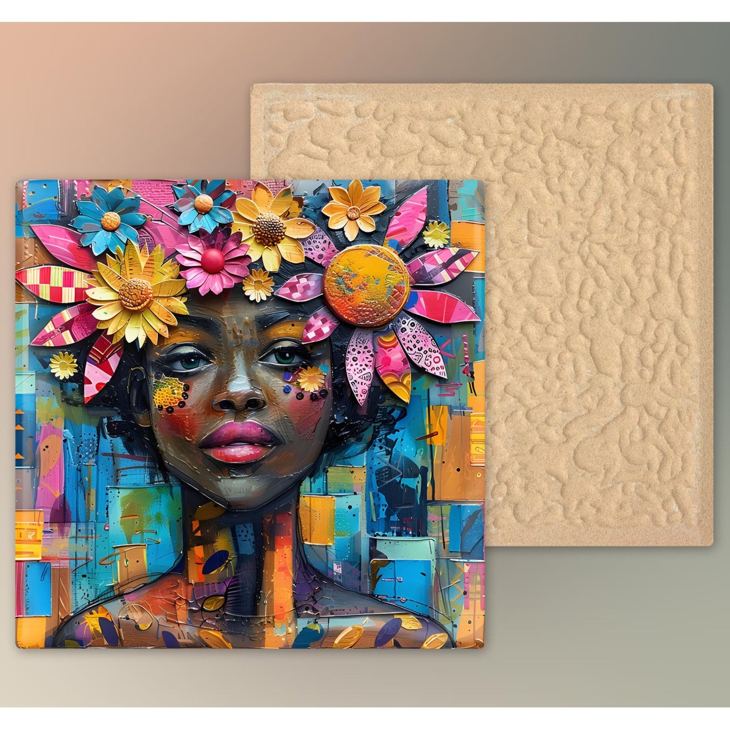 Boho Flowers Black Woman Art - Ceramic Art Tile - Black Wall Art - Abstract Floral Print - African American Woman - Unique Gift for Her