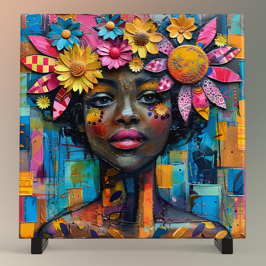Boho Flowers Black Woman Art - Ceramic Art Tile - Black Wall Art - Abstract Floral Print - African American Woman - Unique Gift for Her