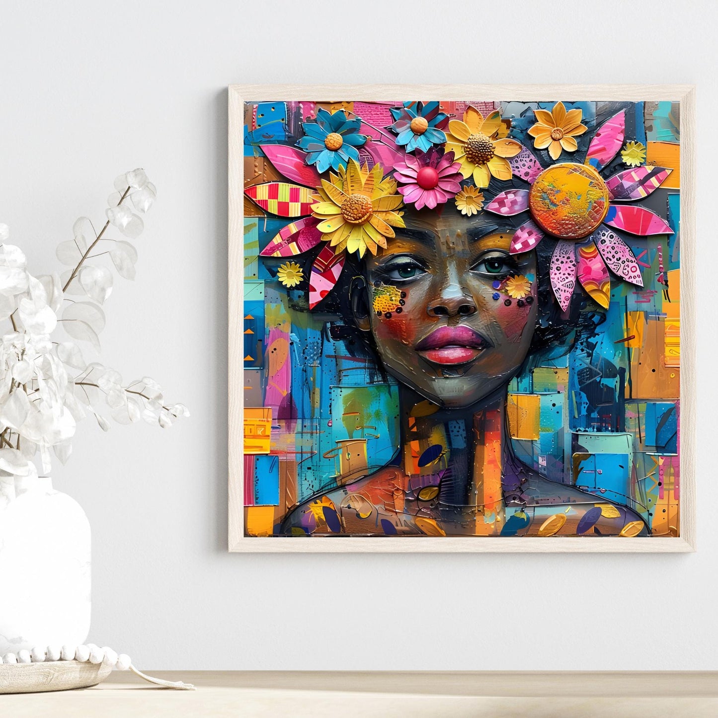 Boho Flowers Black Woman Art - Ceramic Art Tile - Black Wall Art - Abstract Floral Print - African American Woman - Unique Gift for Her