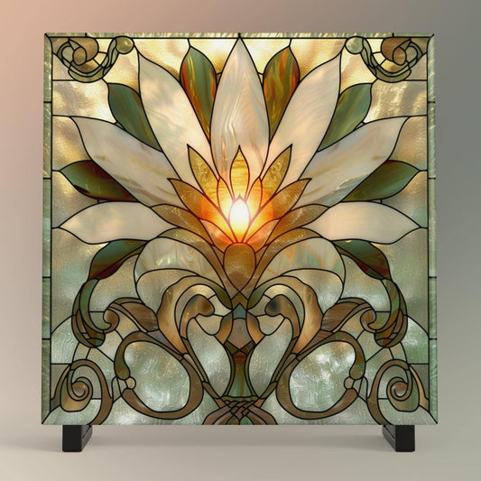 Lotus Flower Ceramic Tile Art - Stained Glass Look Elegant Flower Wall Decor for Yoga & Meditation, Spiritual Mindfulness Gift - Spa Gift