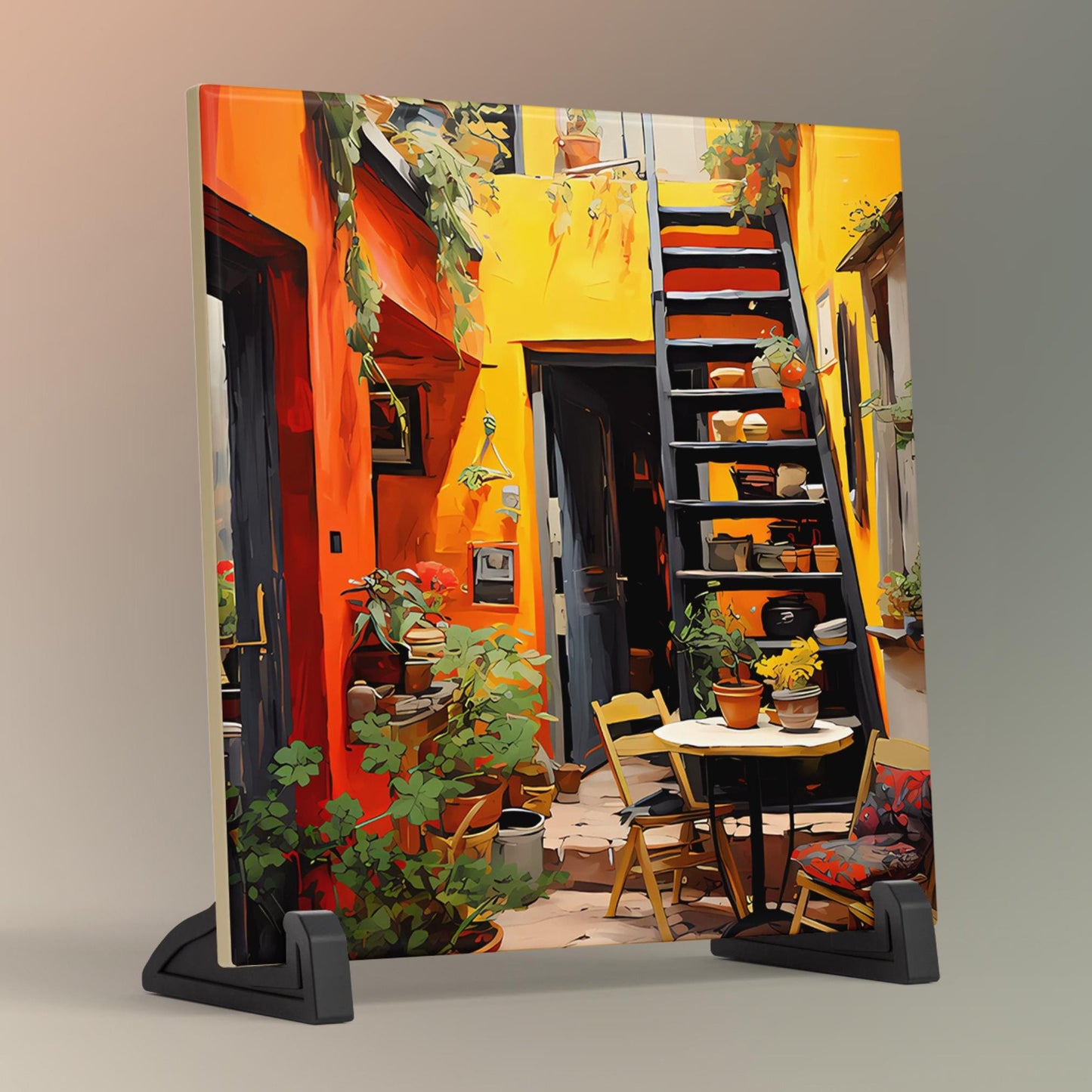 Rustic Mediterranean Street-view Ceramic Tile, Quaint Streetside Cafe Wall Art for Home Décor and Unique Gift