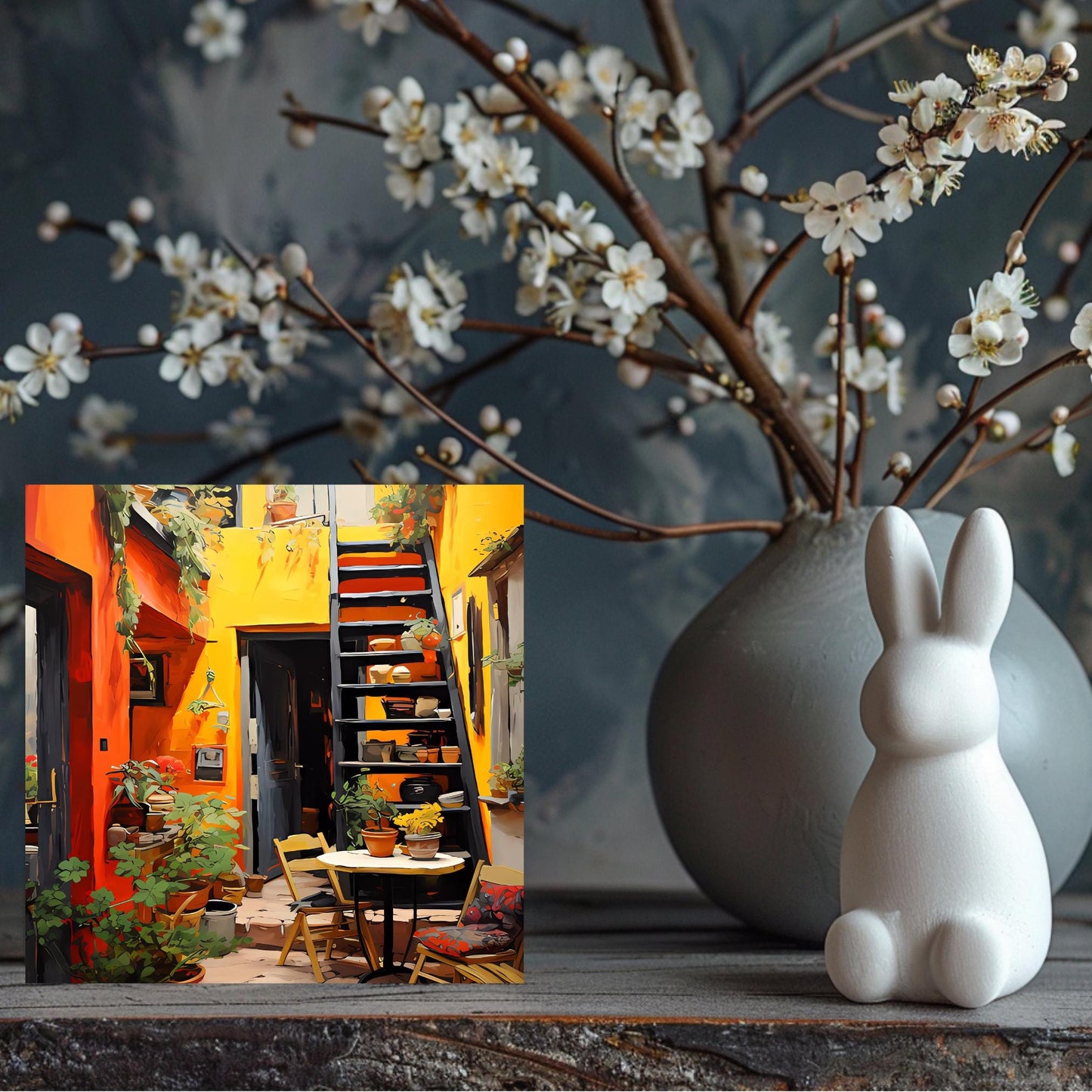 Rustic Mediterranean Street-view Ceramic Tile, Quaint Streetside Cafe Wall Art for Home Décor and Unique Gift