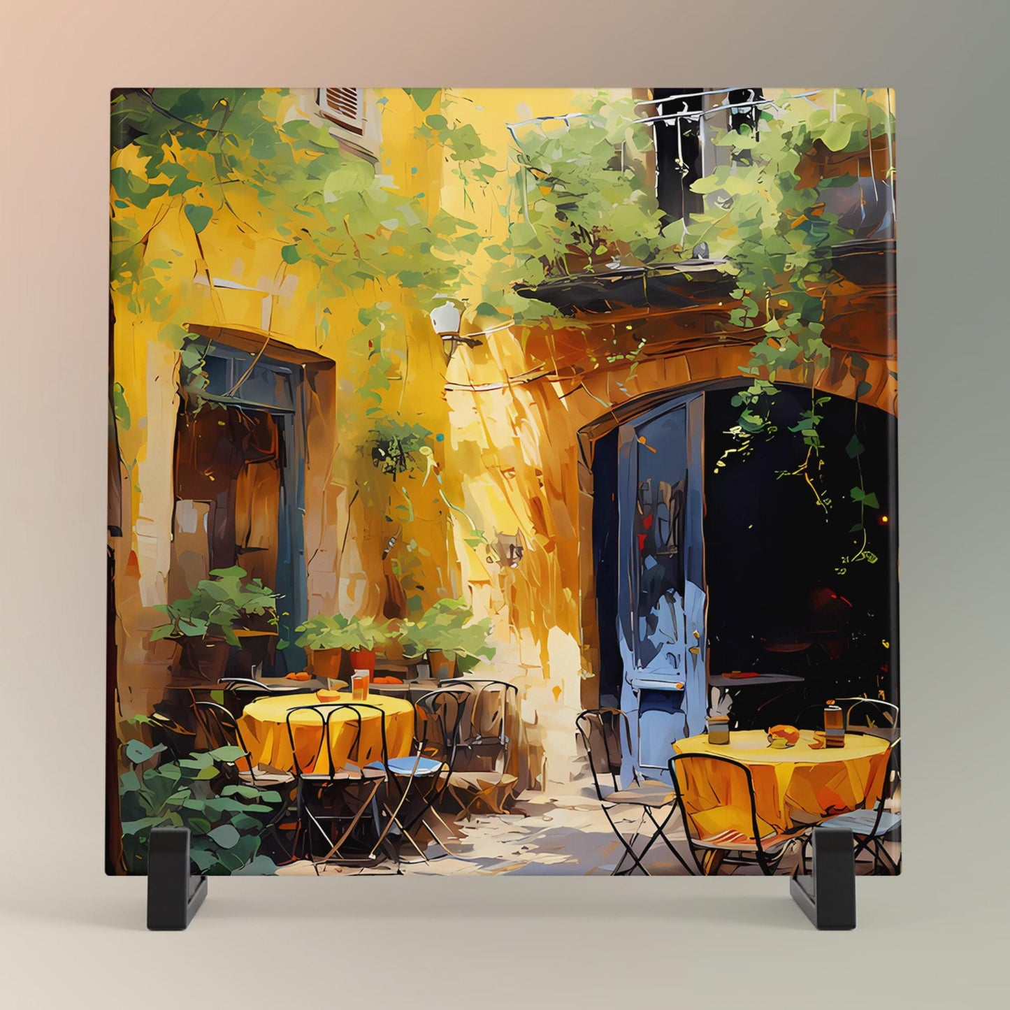 Rustic Cafe Ceramic Tile, Beautiful Quaint Mediterranean Art for Home Decoration, Unique Gift for Housewarming