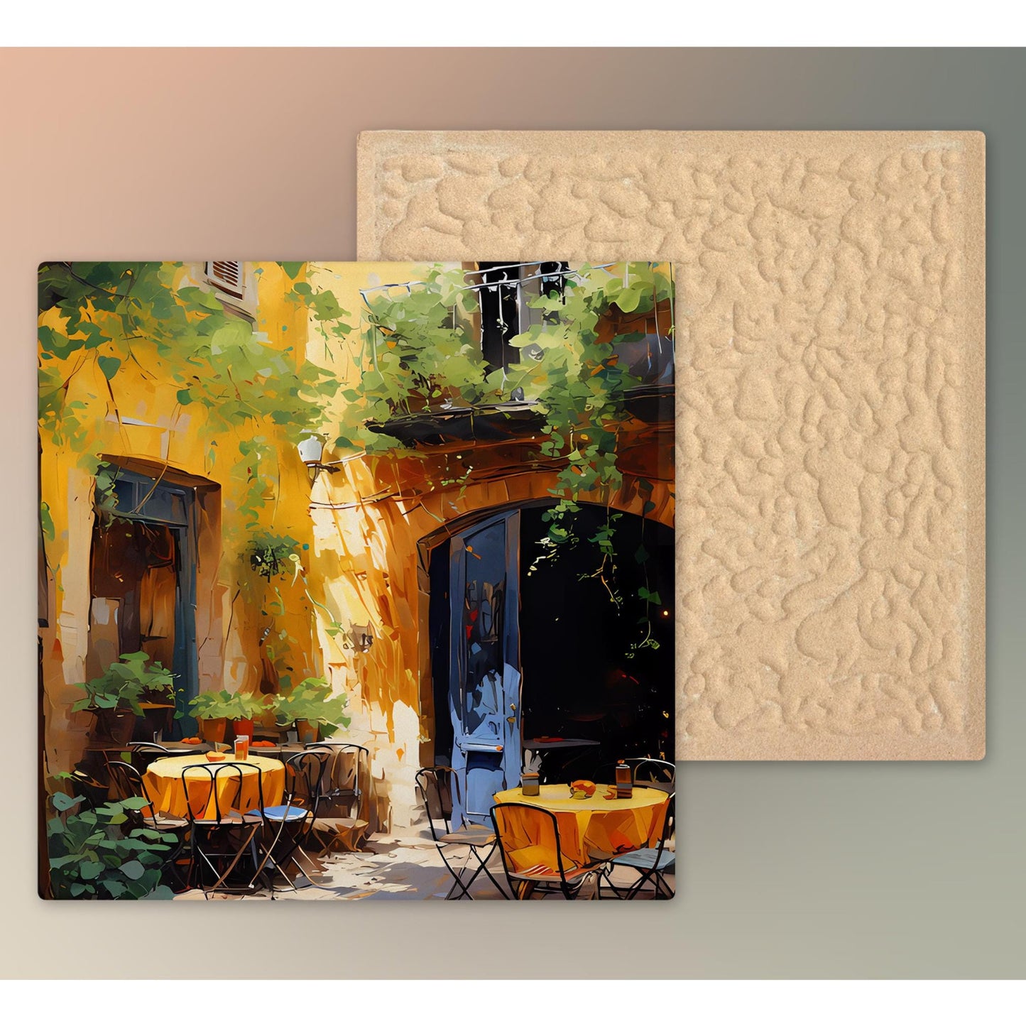 Rustic Cafe Ceramic Tile, Beautiful Quaint Mediterranean Art for Home Decoration, Unique Gift for Housewarming