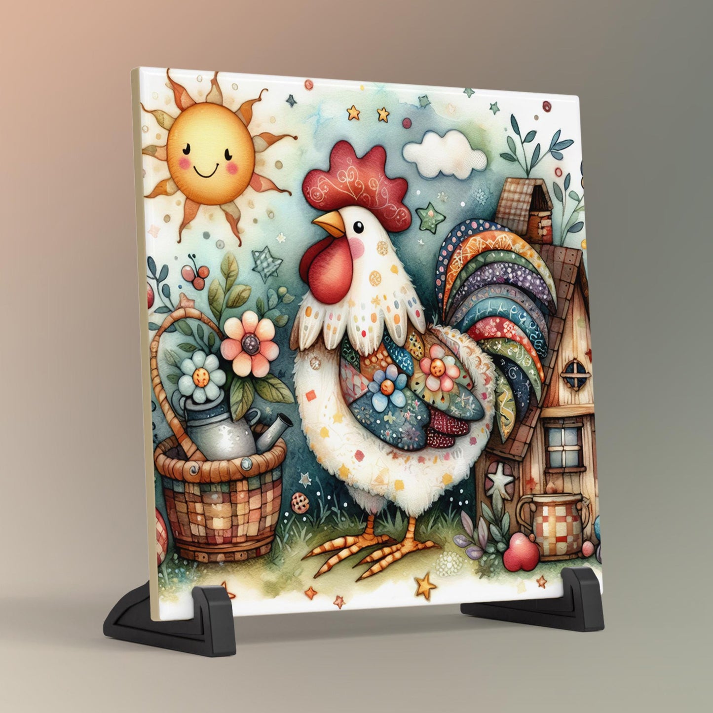 Farmhouse Rooster Ceramic Tile Art | Whimsical Kitchen Decor | Folk Art | Country Chic Rooster Art