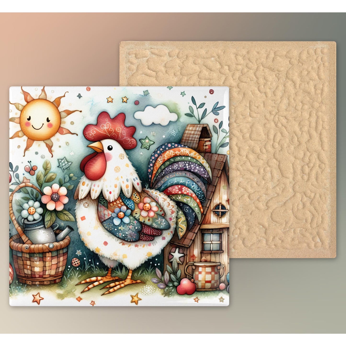 Farmhouse Rooster Ceramic Tile Art | Whimsical Kitchen Decor | Folk Art | Country Chic Rooster Art