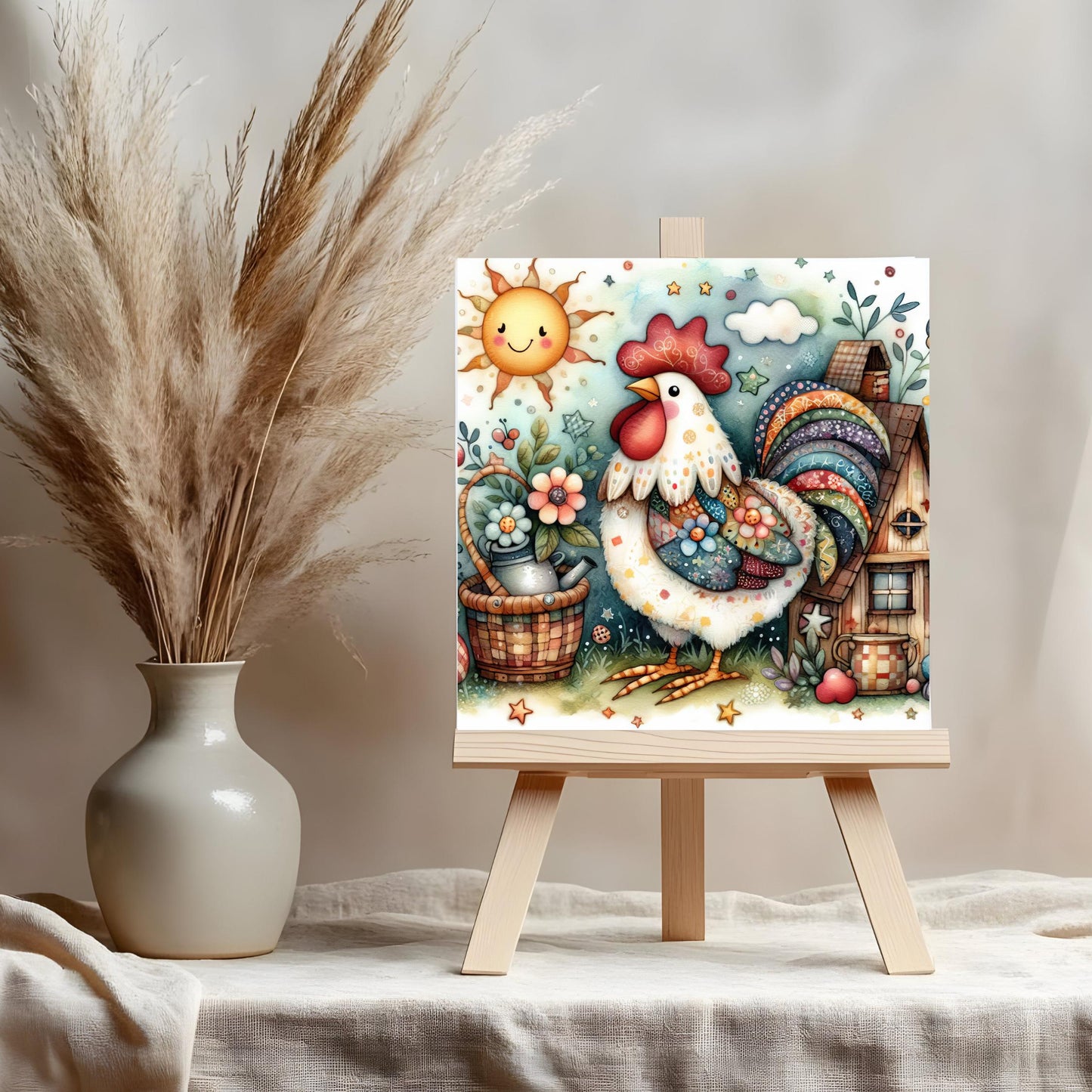 Farmhouse Rooster Ceramic Tile Art | Whimsical Kitchen Decor | Folk Art | Country Chic Rooster Art