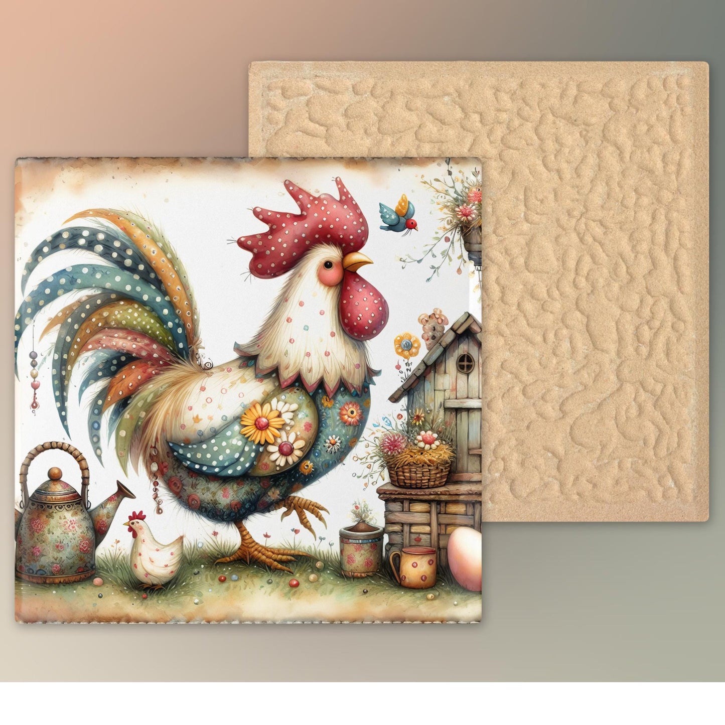 Folk Art Rooster Ceramic Tile | Whimsical Kitchen Decor | Farmhouse Style | Country Chic Rooster Art