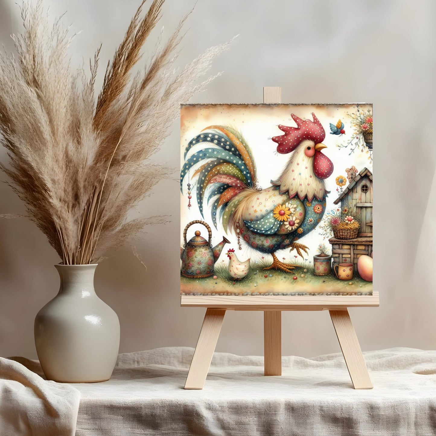 Folk Art Rooster Ceramic Tile | Whimsical Kitchen Decor | Farmhouse Style | Country Chic Rooster Art