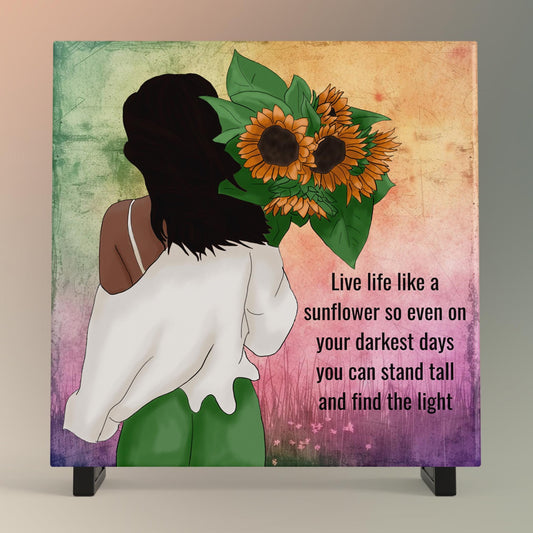 Black Woman Art Sunflower Ceramic Tile - Quote Art - Black Wall Art -Boho Floral Print - African American Woman - Live Like a Sunflower