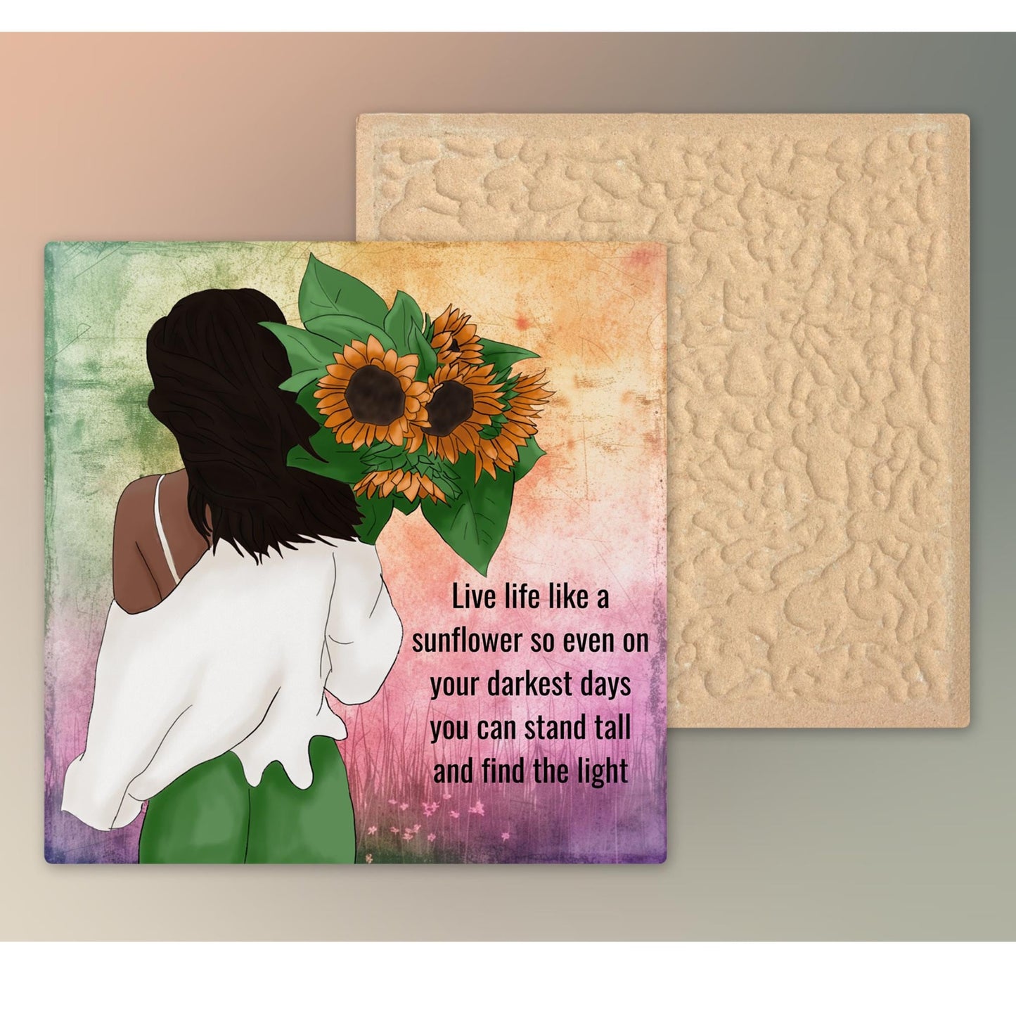 Black Woman Art Sunflower Ceramic Tile - Quote Art - Black Wall Art -Boho Floral Print - African American Woman - Live Like a Sunflower