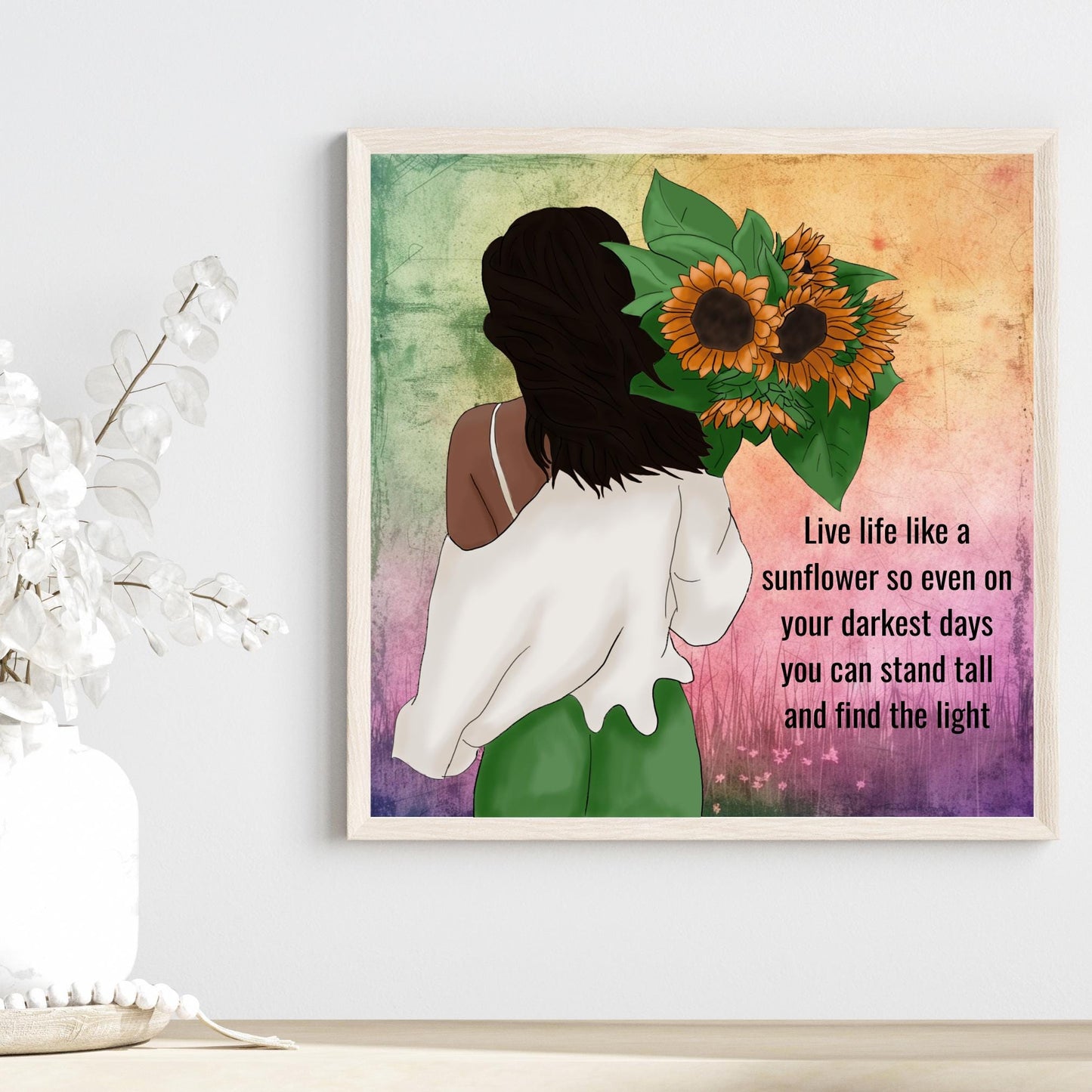 Black Woman Art Sunflower Ceramic Tile - Quote Art - Black Wall Art -Boho Floral Print - African American Woman - Live Like a Sunflower