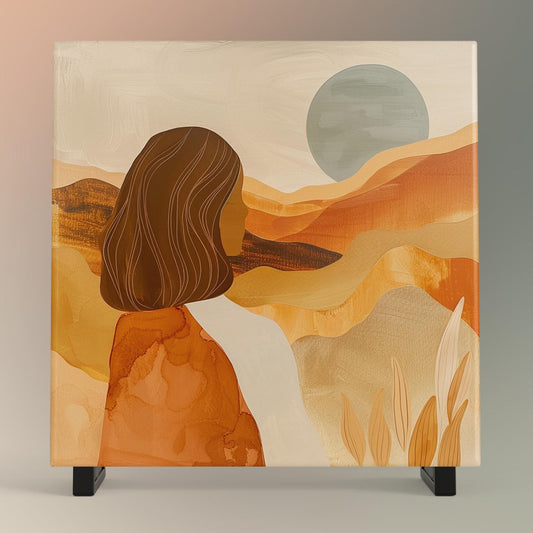 Boho Desert Art Ceramic Tile, Minimalist Mountain View Ceramic Wall Decor for Unique Home Accent, Boho Woman Art, Nature Inspired Gift