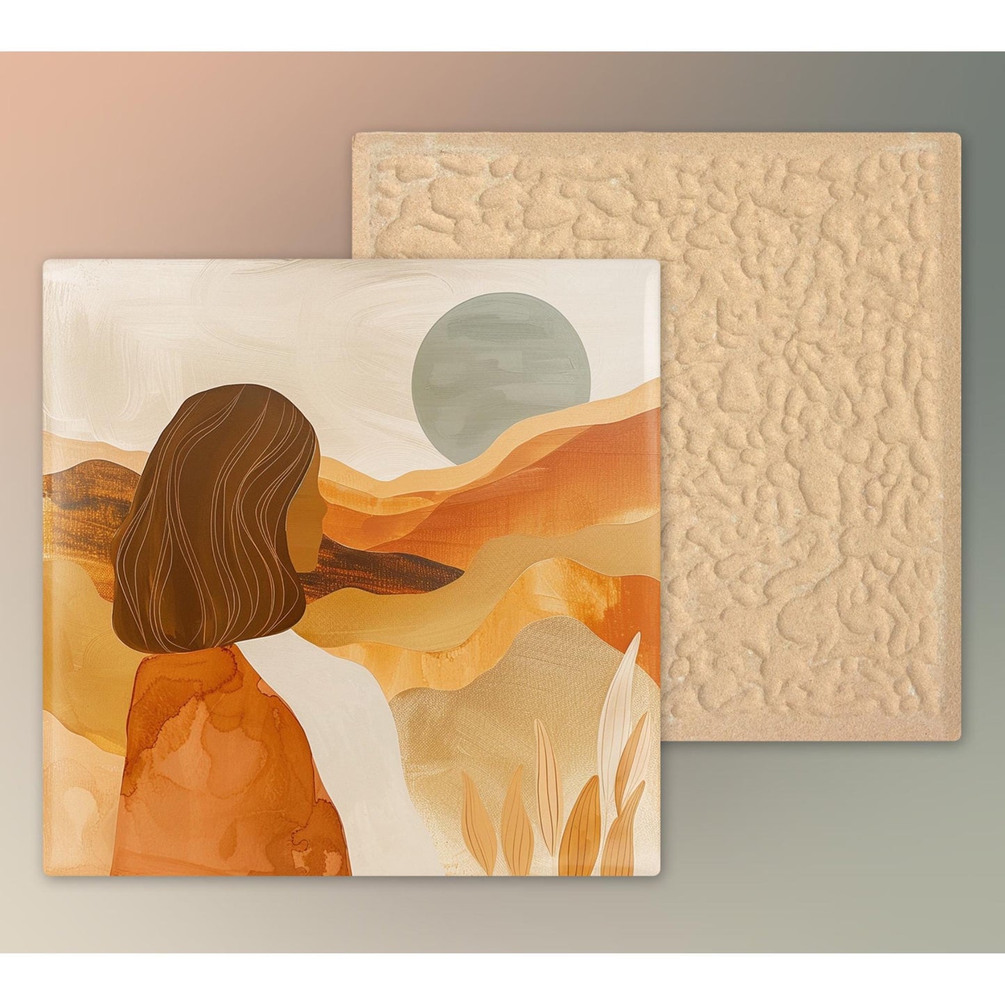 Boho Desert Art Ceramic Tile, Minimalist Mountain View Ceramic Wall Decor for Unique Home Accent, Boho Woman Art, Nature Inspired Gift
