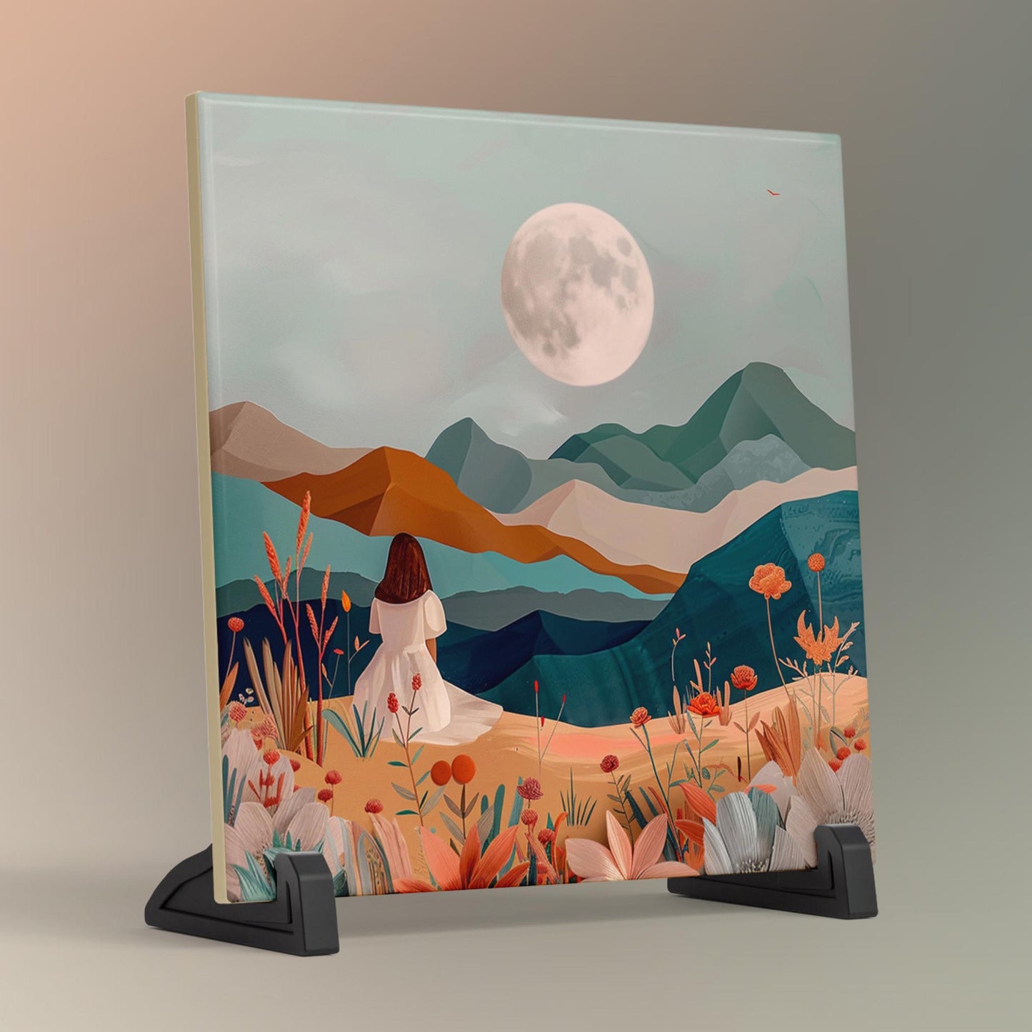 Desert Art Ceramic Tile, Boho Woman Art, Minimalist Mountain View Ceramic Wall Decor for Unique Home Accent, Nature Inspired Gift