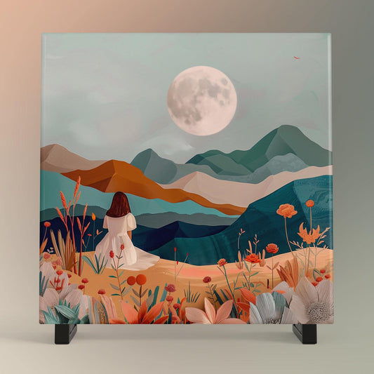 Desert Art Ceramic Tile, Boho Woman Art, Minimalist Mountain View Ceramic Wall Decor for Unique Home Accent, Nature Inspired Gift