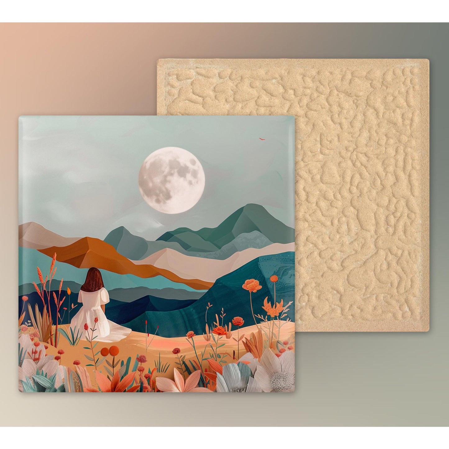 Desert Art Ceramic Tile, Boho Woman Art, Minimalist Mountain View Ceramic Wall Decor for Unique Home Accent, Nature Inspired Gift