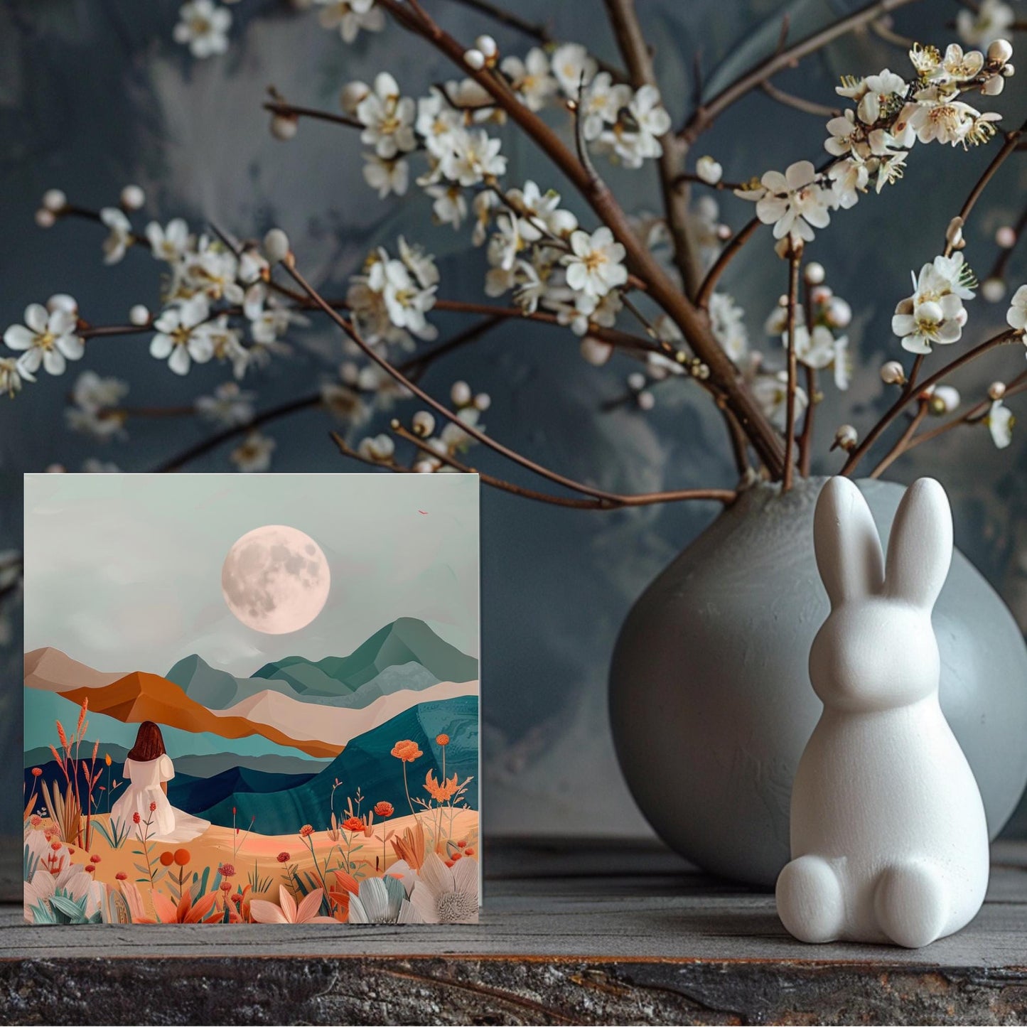 Desert Art Ceramic Tile, Boho Woman Art, Minimalist Mountain View Ceramic Wall Decor for Unique Home Accent, Nature Inspired Gift