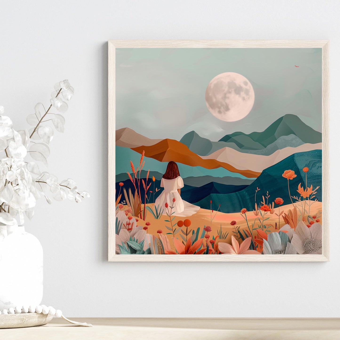 Desert Art Ceramic Tile, Boho Woman Art, Minimalist Mountain View Ceramic Wall Decor for Unique Home Accent, Nature Inspired Gift