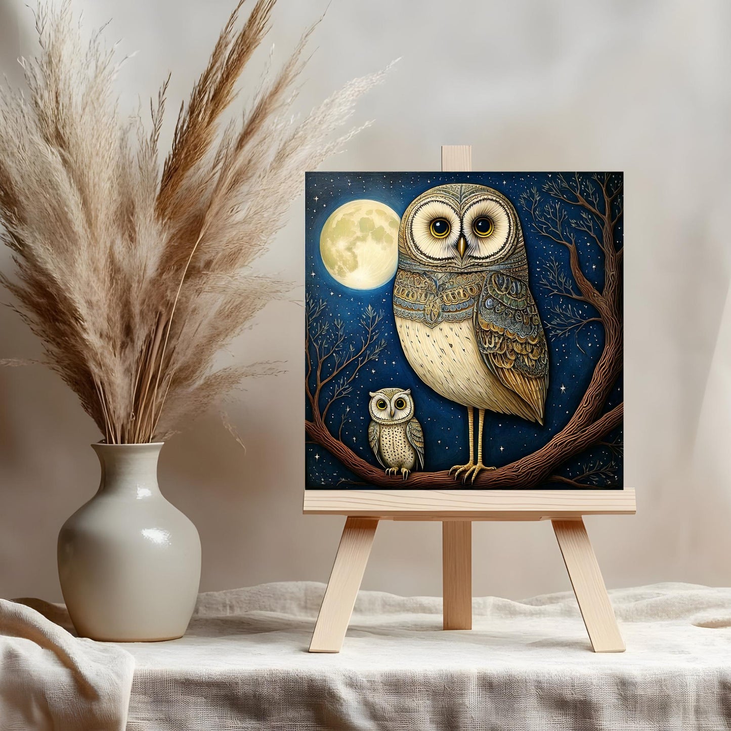 Owls in the Moonlight Tile Art, Unique Minimalist Bird Home Decor, Ideal Gift for Nature Lovers and Owl Enthusiasts