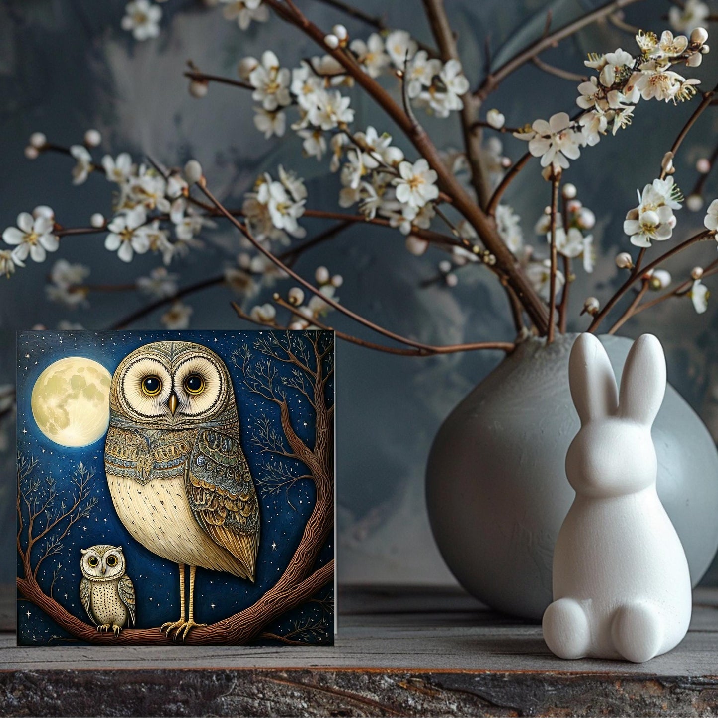 Owls in the Moonlight Tile Art, Unique Minimalist Bird Home Decor, Ideal Gift for Nature Lovers and Owl Enthusiasts