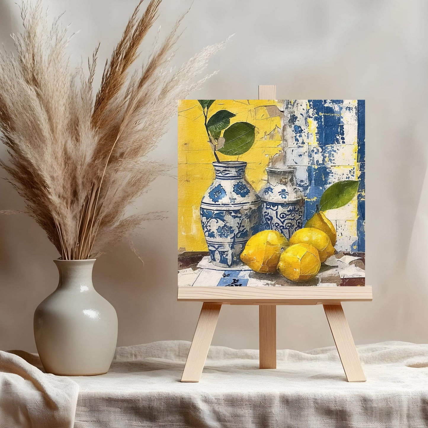 Luxurious Mediterranean Citrus and Blue Tile Art, Boho Kitchen Decor, Vintage Rustic Wall Art, Lisbon Inspired Coastal Artwork