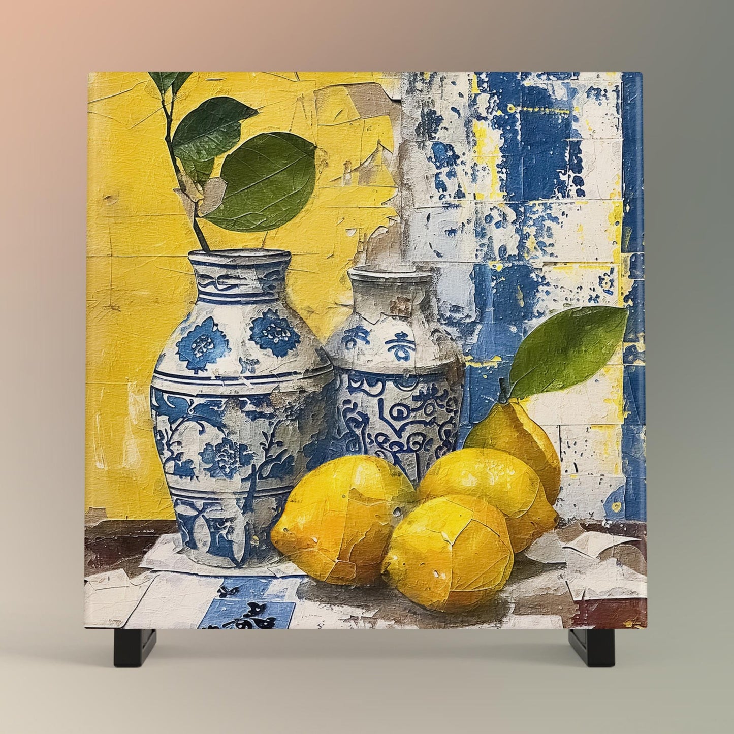 Luxurious Mediterranean Citrus and Blue Tile Art, Boho Kitchen Decor, Vintage Rustic Wall Art, Lisbon Inspired Coastal Artwork
