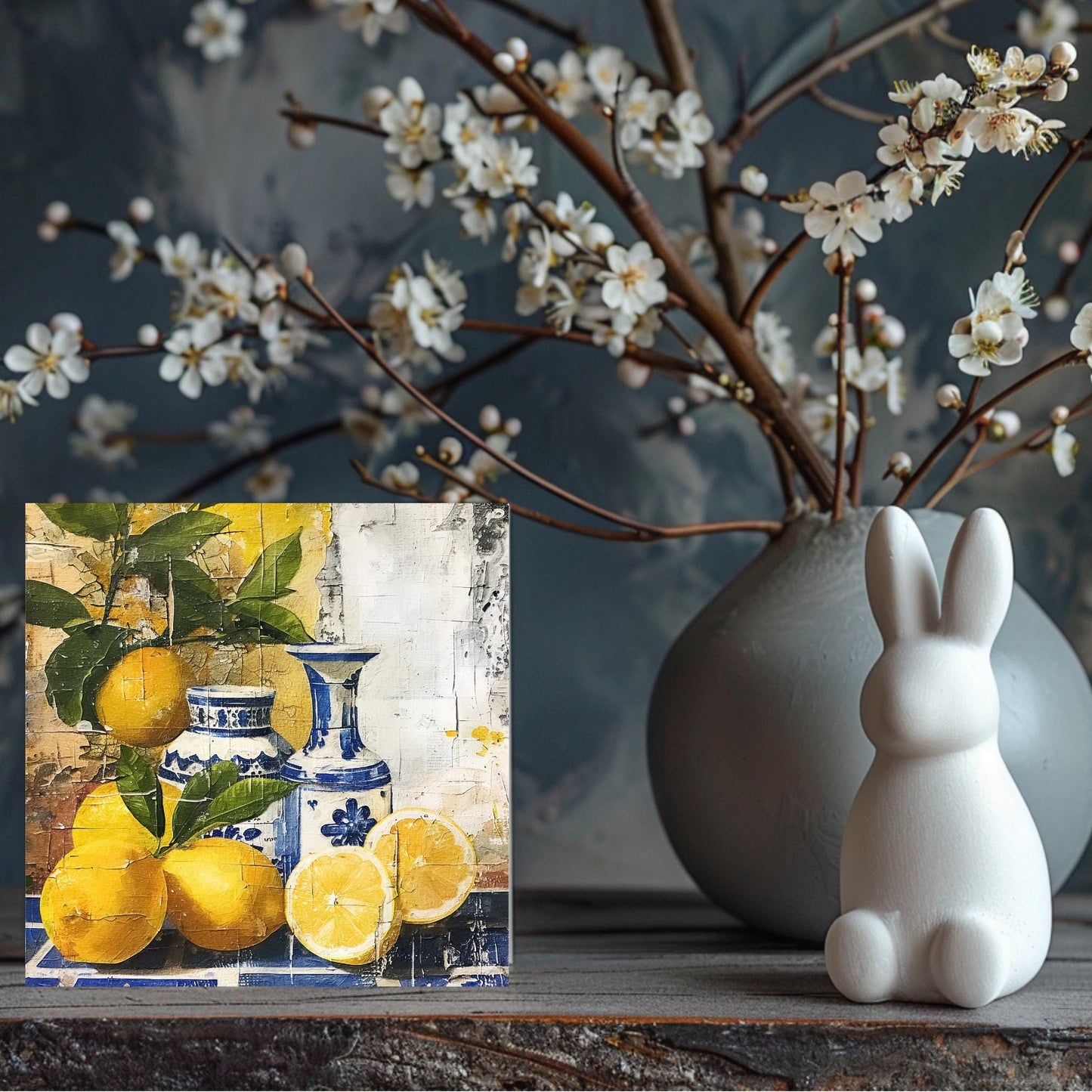 Mediterranean Lemons Ceramic Tile Art, Lemon Art,  Blue Portuguese Decorative Tile, Ideal Kitchen Decor