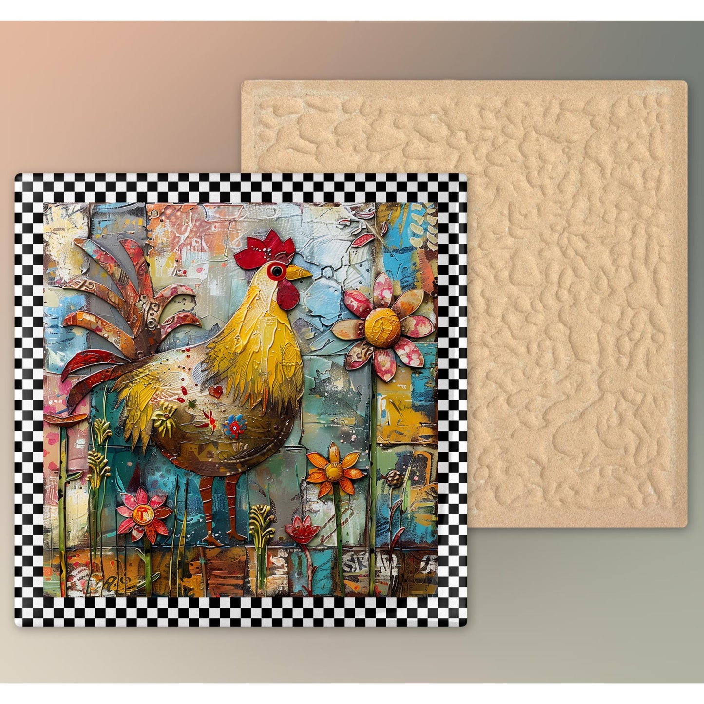 Rooster Folk Art Ceramic Tile | Whimsical Kitchen Decor for Farmhouse Style | Shabby Chic Home Decor
