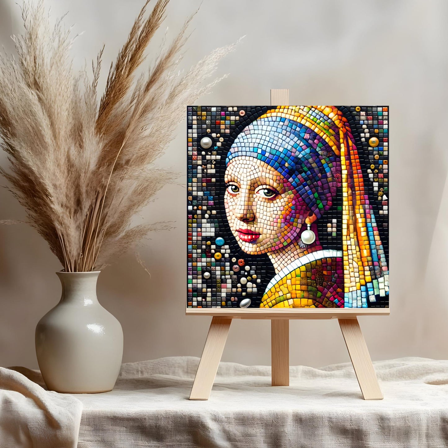 Girl with a Pearl Earring by Vermeer Tile Art, Elegant Mosaic Effect Ceramic Wall Decor, Timeless Gift for Art Lovers & Collectors