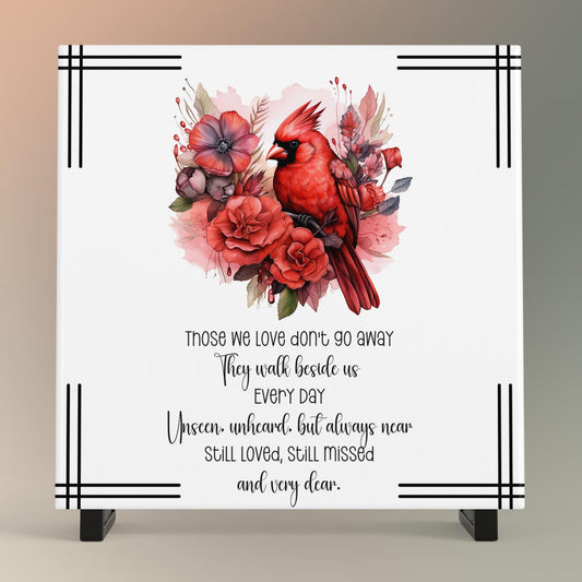 Red Cardinal Memorial Ceramic Tile, Elegant Wall Quote Art for Remembrance, Heartfelt In Loving Memory Gift