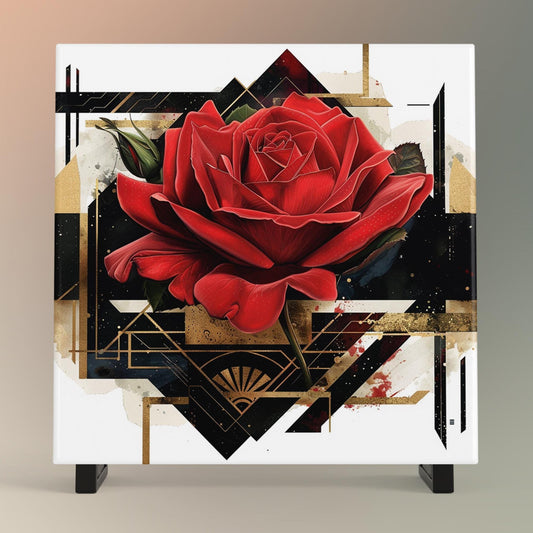 Red Rose Flower Art Ceramic Tile, Art Nouveau Decorative Tile for Unique Home Decor & Vintage Wall Art Gift