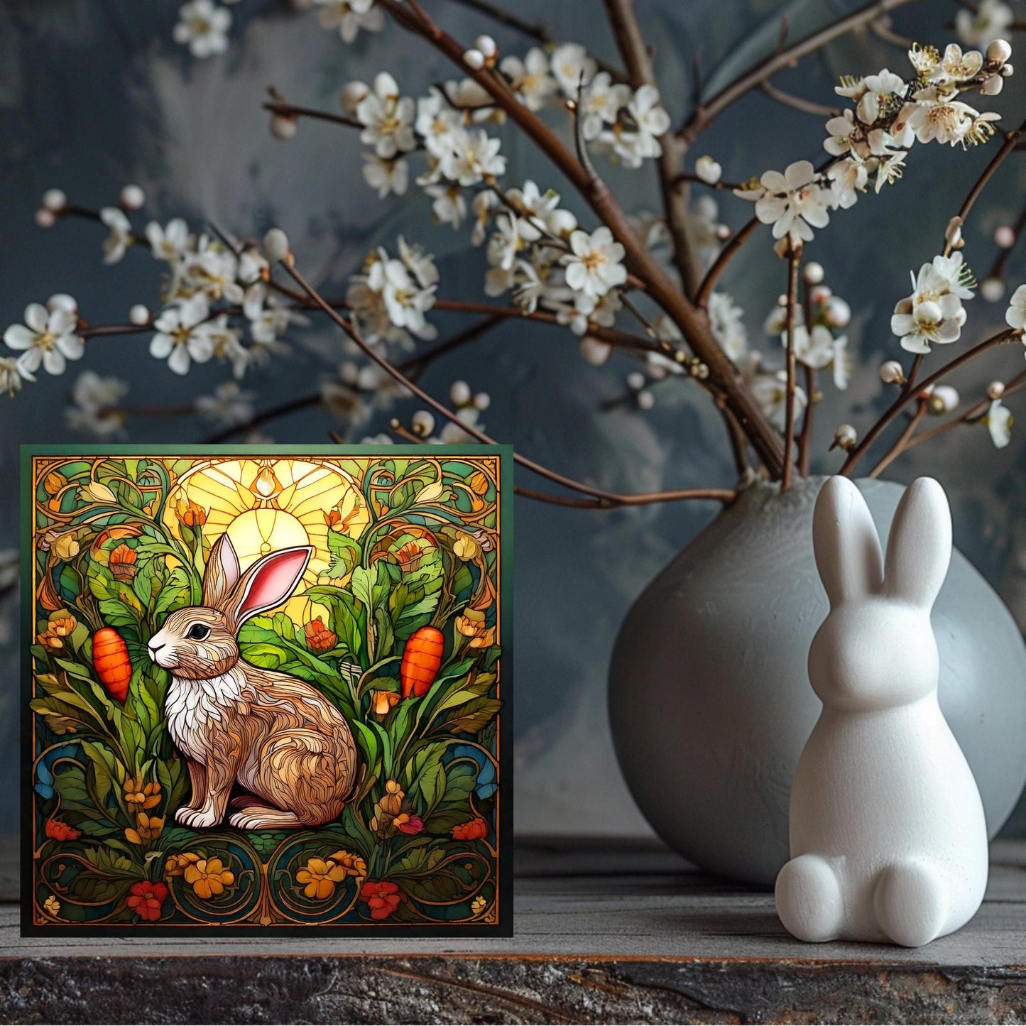 Adorable Bunny with Carrot Ceramic Tile - Charming Stained Glass Effect Rabbit Decor - Farmhouse Style Gifts & Wall Art - Ready to Display