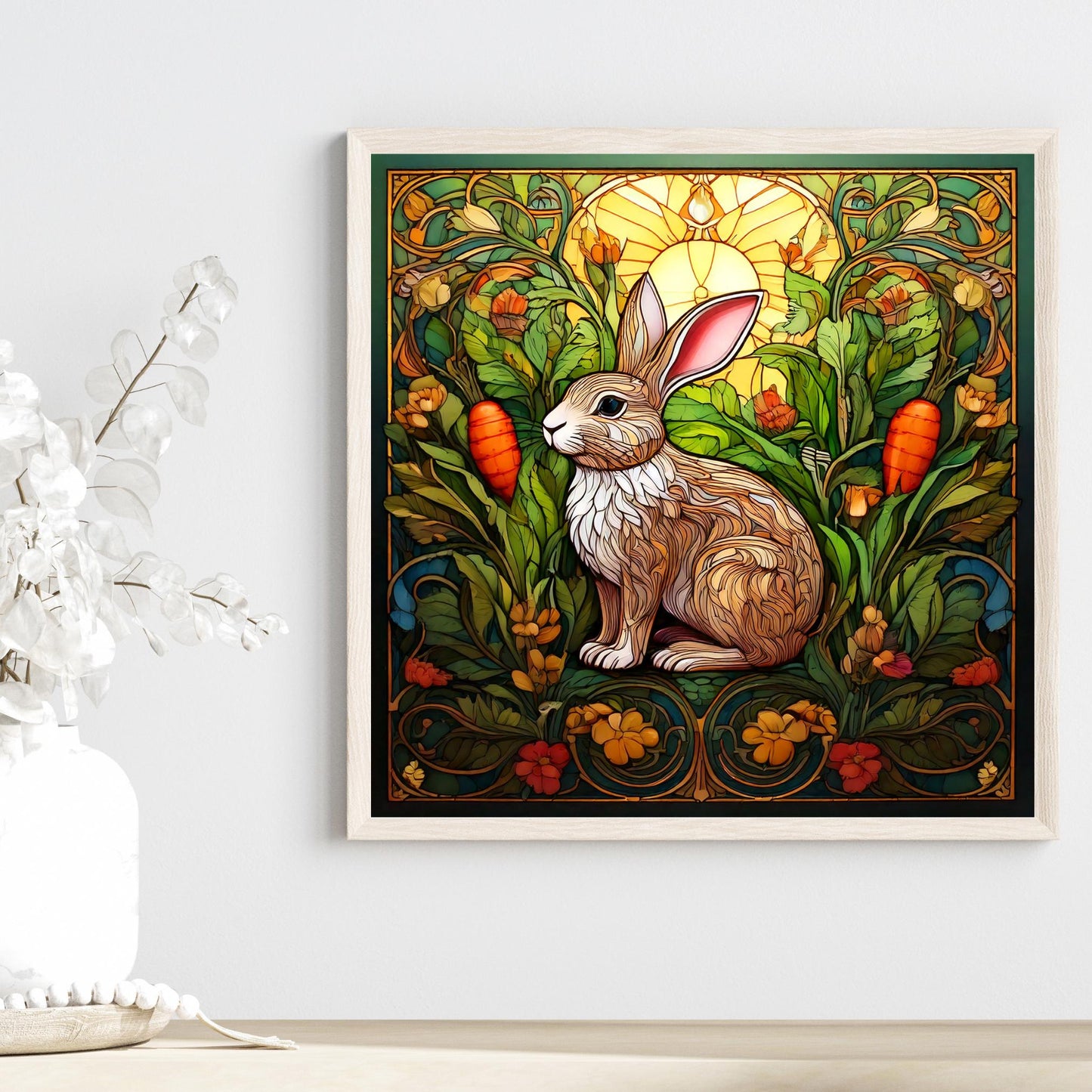 Adorable Bunny with Carrot Ceramic Tile - Charming Stained Glass Effect Rabbit Decor - Farmhouse Style Gifts & Wall Art - Ready to Display
