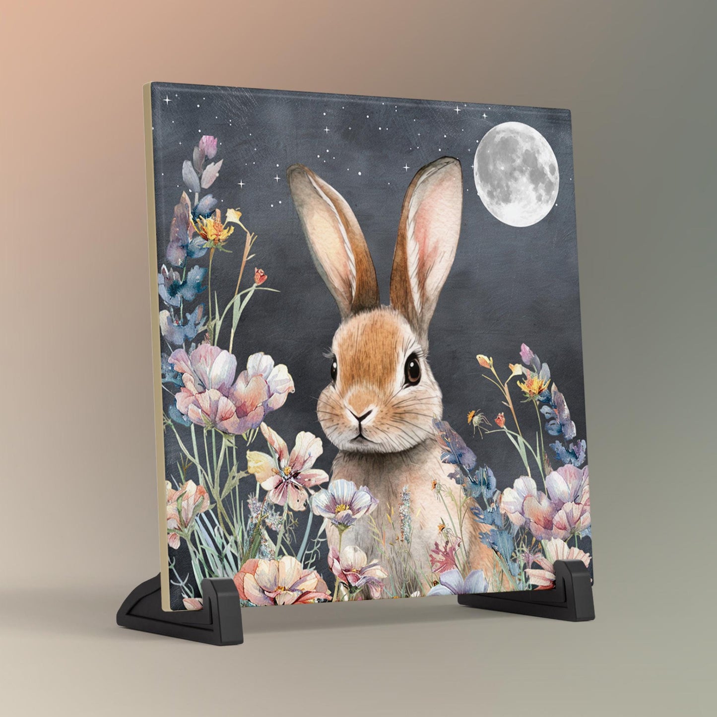 Midnight Easter Bunny Ceramic Art Tile, Whimsical Spring Wall Decor, Perfect for Farmhouse Aesthetics, Rabbit Art